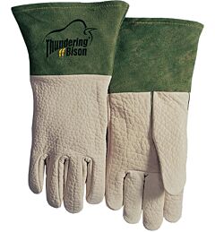Weldas 10-2644L Thundering Bison Tig/Mig Gloves, Pearl Grain Bison, 4" Cowhide Cuff, Pearl With Grn, Size Large, 1/Pair