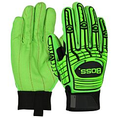 Boss 120-Mp2100/Xl Gloves, Green Corded Cotton Palm, Green L2 Impact Tpr, H&L Wrist, Size X-Large