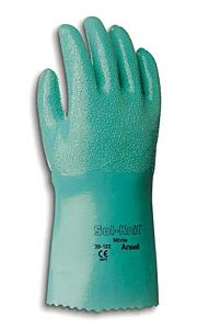 Ansell Alphatec 39-124 14 In Reinforced Nitrile Gloves, Guntlet Cuff, Interlock Knit Cotton Liner, Size 10, Green