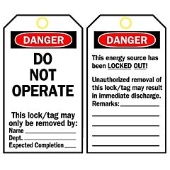 Brady? 66050 Lockout Tag, 3 In W X 5-3/4 In H, Polyester, Danger, Do Not Operate, Includes Reverse Side, Black/Red On White