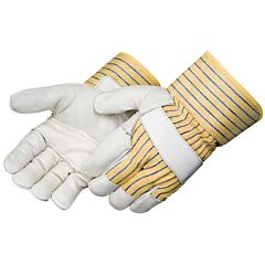 Liberty Safety 3180 Standard Grain Reinforced Patch Leather Palm Gloves, Yellow Fabric Back & Cuff, Knuckle Strap, 2 1/2" Plasticized Safety Cuff, Size Large