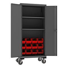Durham 3501M-Blp-12-2S-1795 Mobile Cabinet, 14 Gauge, 2 Shelves, 12 Red Bins, 38-9/16 X 24 X 80