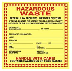 Safehouse Signs Hazardous Waste Federal Law Prohibits... Handle With Care, 6X6, Adhesive Vinyl