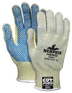 Mcr Safety 93857S Gloves, Cut Pro Hero A7, 7 Gauge, Regular Weight, Kevlar/Stainless/Nylon Shell, Pvc Dots 1 Side, Cut A7, Abrasion 3, Dexterity 5, Size Small