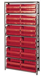 Quantum Qsbu-245Rd Steel Shelving Unit With Open Hopper Style Bins, 12"D-7 Shelf, 24 Qus245 Red Bins