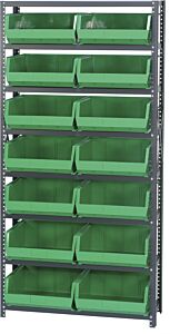 Quantum Qsbu-250Gn Steel Shelving Unit With Open Hopper Style Bins, 12"D-8 Shelf, 14 Qus250 Green Bins