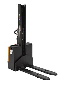 Vestil Snm-62-Ff-21 Steel Narrow Mast Stacker Dc Powered 62" Raised Height Fixed Fork 21" Fork Width 2,200 Lb. Capacity, Black / Yellow