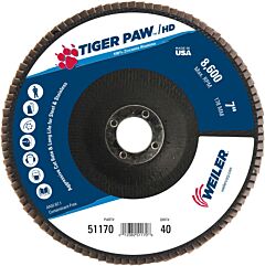 Weiler 51170 Tiger Paw? Super High Density Flap Disc, 9 In Dia, 40 Grit, 7/8 In Arbor, 8600 Rpm, Type 27 Flat