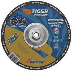 Weiler 58095 Tiger? Pipeliner Grinding Wheel, 9 In Dia X 1/8 In Thick X 5/8 In-11 Hub, Z30T, Type 27
