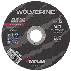 Weiler 56108 Wolverine? Flat Type 1 Cutting Wheel, 5 In Dia, .035 Thick, 5/8 Arbor, 60 Grit