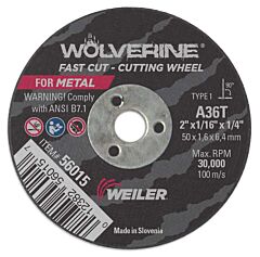 Weiler 56015 Wolverine? Flat Type 1 Cutting Wheel, 2 In Dia, 1/16 In Thick, 36 Grit, Aluminum Oxide