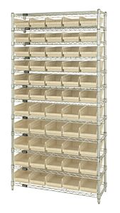 Quantum Wr12-102Iv Wire Shelving Unit With Shelf Bins, 12"W X 36"L X 74"H, 12 Shelves, 55 Qsb102 Ivory Bins