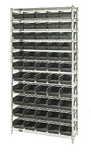 Quantum Wr12-104Bk Wire Shelving Unit With Shelf Bins, 18"W X 36"L X 74"H, 12 Shelves, 55 Qsb104 Black Bins