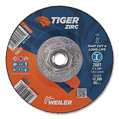 Weiler 58031 Tiger? Zirc Cutting Wheel, 5 In Dia, 0.045 In Thick, 5/8 In-11 Unc Arbor, Zirconia Alumina,Type 27, Z60T