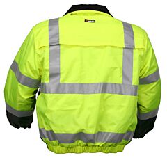 Mcr Safety Bmrcl3Ll Bomber Jacket, Class 3, Water Resistant, Zipper Closure W/Snap Fly Front, Elastic Sleeves W/Adjustable Closure, 3 Pockets, Roll-Out Hood In Collar, Lime, Size Large