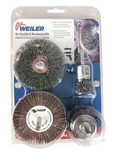 Weiler 13002 Air Tool/Drill Accessory Kit, Includes A 3 In Crimped Wire Wheel, 1-3/4 In Crimped Wire Cup Brush, 3/4 In Crimped Wire End Brush, 3 In Abrasive Flap Wheel