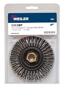 Weiler 13138P Roughneck® Stringer Bead Wheel, 4 In Dia X 3/16 In Face W X 5/8 In-11 Unc X 0.020 In, 20000 Rpm, 5 Ea/Pk