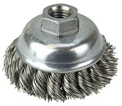 Weiler 13163 Single Row Heavy-Duty Knot Cup Brush, 3-1/2 In Dia, 5/8-11 Unc, 0.023 Stainless Wire