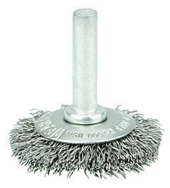 Weiler 17903 Stem-Mounted Crimped Wire Wheel, 1-1/2 In Dia, 1/4 In W, 0.0118 In Bristle Dia, Steel, 20000 Rpm