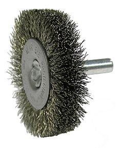 Weiler 17975 Stem-Mounted Crimped Wire Wheel, 2 In Dia, 3/8 In W, 0.0140 In Bristle Dia, Stainless Steel, 20000 Rpm