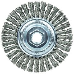 Weiler 36218 Wolverine® Knot Wire Wheel, Stringer Bead Twist, 4 In Dia X 3/16 In W Face, 5/8 In-11 Unc, 0.020 In Steel Wire, 20000 Rpm