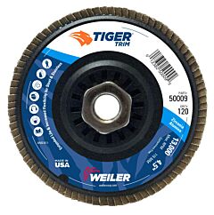 Weiler 50009 Trimmable Tiger® Flap Discs, 4 1/2 In, 120 Grit, 5/8 Arbor, 13,000 Rpm