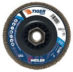 Weiler 50014 Trimmable Tiger® Flap Discs, 5 In, 40 Grit, 5/8 Arbor, 12,000 Rpm