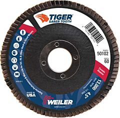Weiler 50102 Saber Tooth Ceramic Flap Discs, 4 1/2 In, 60 Grit, 7/8 In Arbor, 13,000 Rpm