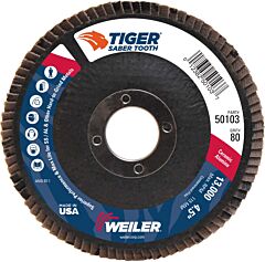 Weiler 50103 Saber Tooth Ceramic Flap Discs, 4 1/2 In, 80 Grit, 7/8 In Arbor, 13,000 Rpm