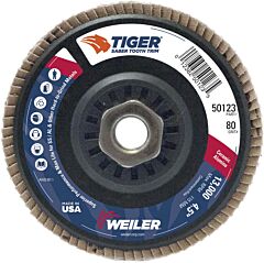 Weiler 50123 Saber Tooth™ Trimmable Ceramic Flap Discs, 4 1/2 In, 80 Grit, 5/8 Arbor, 13,000 Rpm
