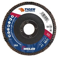 Weiler 50130 Tiger® Saber Tooth™ Ceramic High Density Flap Disc, 4-1/2 In Dia, 40 Grit, 7/8 In Arbor, 13000 Rpm, Type 27