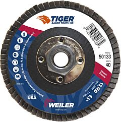 Weiler 50133 Tiger® Saber Tooth™ Ceramic High Density Flap Disc, 4-1/2 In Dia, 40 Grit, 5/8 In-11, 13000 Rpm, Type 27