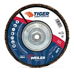 Weiler 50139 Tiger® Saber Tooth™ Ceramic High Density Abrasive, 7 In Dia, 40 Grit, 5/8 In-11 Unc Nut, 8,600 Rpm, Type 27