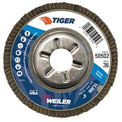 Weiler 50502 Tiger Disc Angled Style Flap Discs, 4 In, 36 Grit, 5/8 Arbor, Aluminum Back