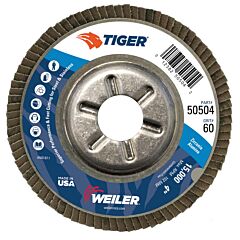 Weiler 50504 Tiger Disc Angled Style Flap Discs, 4 In, 60 Grit, 5/8 In Arbor, Aluminum Back