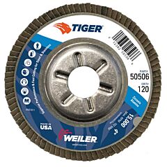 Weiler 50506 Tiger Disc Angled Style Flap Discs, 4 In, 120 Grit, 5/8 In Arbor, Aluminum Back