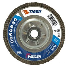 Weiler 50509 Tiger® Disc Angled Style Flap Disc, 4-1/2 In Dia, 120 Grit, 5/8 In-11, 13000 Rpm, Type 29