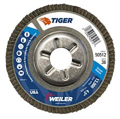 Weiler 50512 Tiger Disc Angled Style Flap Discs, 4 1/2 In, 36 Grit, 7/8 Arbor, Aluminum Back