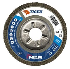 Weiler 50514 Tiger® Disc Angled Style Flap Disc, 4-1/2 In Dia, 60 Grit, 7/8 Arbor, 13000 Rpm, Type 29