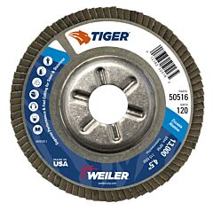 Weiler 50516 Tiger Disc Angled Style Flap Discs, 4 1/2 In, 120 Grit, 7/8 Arbor, Aluminum Back