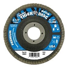 Weiler 50552 Tiger® Disc Angled Style Flap Discs, 4 In,36 Grit,5/8 Arbor,Phenolic Back,Alum Oxid