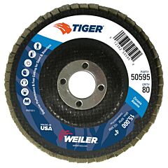 Weiler 50595 Tiger® Disc Angled Style Flap Discs,4 In,80 Grit,5/8 Arbor,Phenolic Back,Zirconium