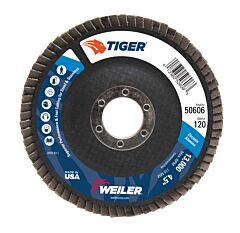 Weiler 50606 Tiger Disc Angled Style Flap Discs, 4 1/2 In, 120 Grit, 7/8 Arbor, Phenolic Back