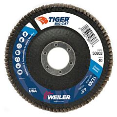 Weiler 50803 Tiger® Big Cat® High Density Flap Disc, 4-1/2 In Dia, 40 Grit, 7/8 In Arbor, 12000 Rpm, Type 27