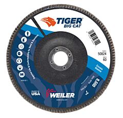 Weiler 50824 Tiger® Big Cat® High Density Flap Disc, 7 In Dia, 60 Grit, 7/8 In Arbor, 8,600 Rpm, Type 27