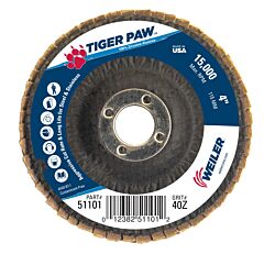 Weiler 51101 Tiger Paw Coated Abrasive Flap Discs, 4", 40 Grit, 5/8 Arbor, Phenolic Back