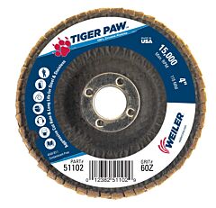 Weiler 51102 Tiger Paw Coated Abrasive Flap Discs, 4", 60 Grit, 5/8 Arbor, Phenolic Back