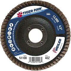 Weiler 51108 Tiger Paw™ Coated Abrasive Flap Discs, 4-1/2 In Dia, 40 Grit, 7/8 Arbor, 13000 Rpm, Type 27