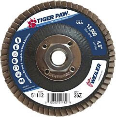 Weiler 51112 Tiger Paw™ Coated Abrasive Flap Discs, 4 1/2", 36 Grit, 5/8 Arbor, Phenolic Back