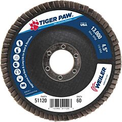Weiler 51120 Tiger Paw™ Ty29 Coated Abrasive Flap Disc, 4-1/2 In, 60 Grit, 7/8 Arbor, 13,000 Rpm